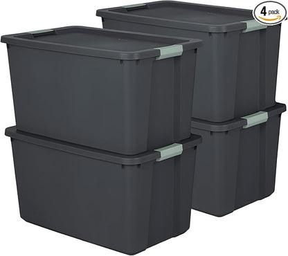 Sterilite 4 Pack 34 Gallon Latch Tote, Stackable Plastic Storage Bin Container, Gray/Green