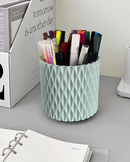 Rotating Pen Holder for Desk, 5 Slots Unique Blue Desk Pen Organizer Easthetic Desktop Supplies and Accessories for Women Girls, Pencil Cup Caddy for Office Home Art Supply