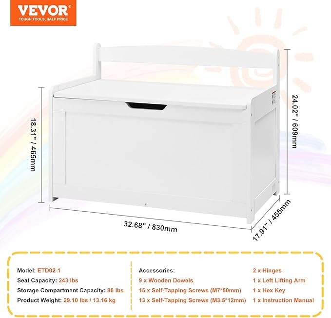 VEVOR Wooden Toy Chest for Kids, Toddler Toy Storage Box with Flip-Top Lid and Safety Hinge, 32.68 x 17.91 x 24.02 Large Kids Storage Bench for Playroom, Bedroom, Living Room or Entryway, White
