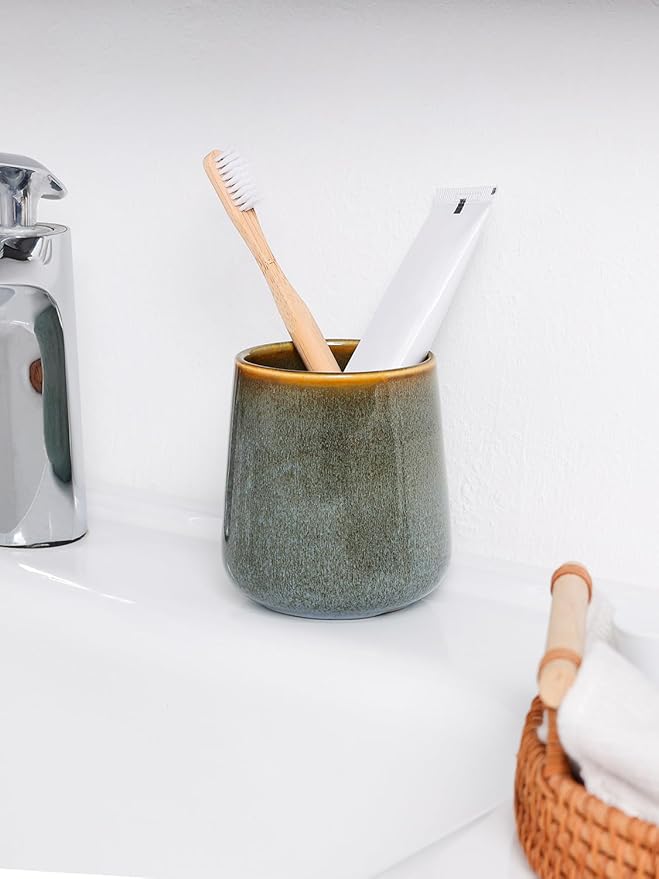 INGOFIN Ceramic Toothbrush Holder Cup, 12 oz Toothpaste Holder for Bathroom Vanity and Countertop, Organizer for Cosmetic, Makeup, Office Pencils, for Hotel Apartment, Kiln-Glazed