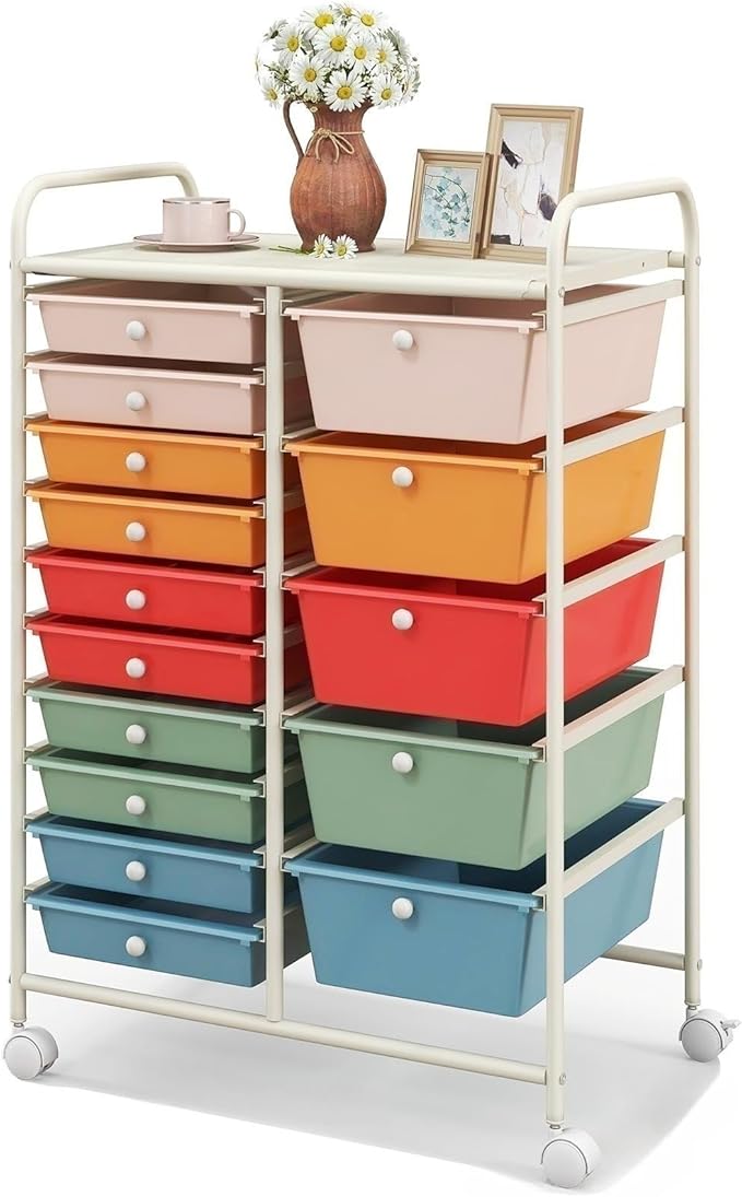 KOTEK 15-Drawer Rolling Storage Cart, Multipurpose Mobile Utility Cart with 4 Wheels, Home Office School Tools Scrapbook Paper Organizer (Multicolor-Combo3)
