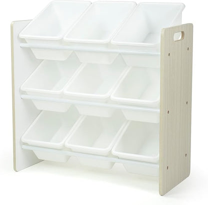 Humble Crew 9-Bin Toy Organizer – Hampton Sandwashed with White Plastic Bins, 3-Tier Storage Solution for Kids' Playrooms and Nurseries