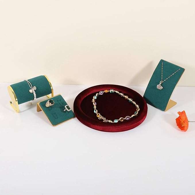 GemeShou Round Jewelry Organizer Plate, Top Microfiber Velvet Jewelry Display Tray, Empty Jewelry Showcase Tray for Necklaces, Bracelets, Rings, Earrings (Red-Medium, 7.9 x 7.9 in)