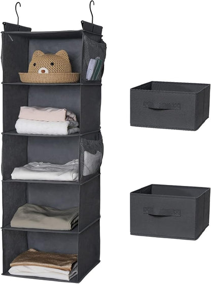 MAX Houser 5 Tier Shelf Hanging Closet Organizer, Cloth Hanging Shelf with 2 Sturdy Hooks for Storage, Foldable (Grey-D2)