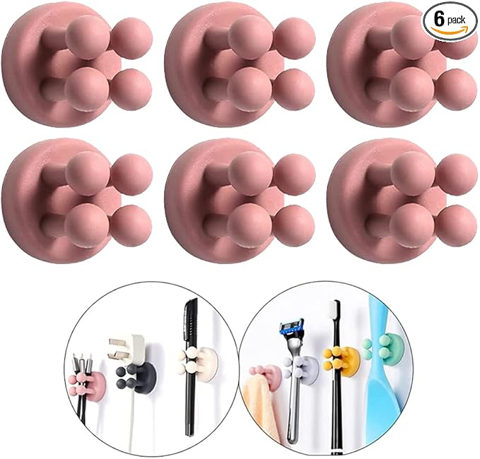 Defrko Silicone Toothbrush Holders - 6Pcs Razor Hooks Adhesive Wall Mounted for Hanging Towel Key Plug Cable, Utility Decor Stick to Dorm Room Door Function for Kitchen Bathroom Home Office, Pink