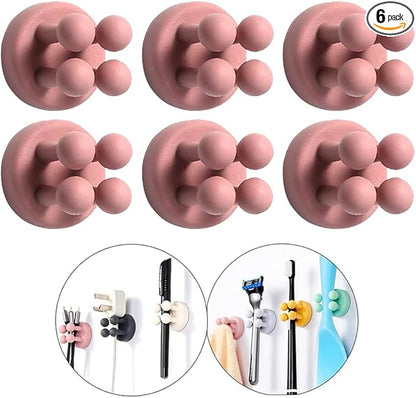 Defrko Silicone Toothbrush Holders - 6Pcs Razor Hooks Adhesive Wall Mounted for Hanging Towel Key Plug Cable, Utility Decor Stick to Dorm Room Door Function for Kitchen Bathroom Home Office, Pink