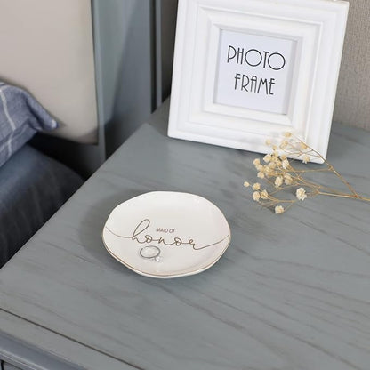 VINCOMIC Wedding Ring Dish For Maid of Honor-Jewelry Dish Tray-Gifts for Bridesmaid,Ceramic White