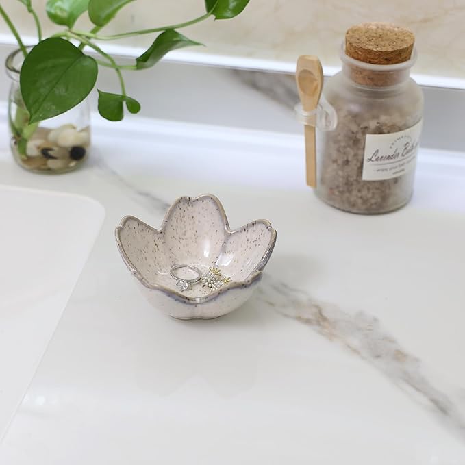 YZMICSTAR Flower Ring Dish Holder,Jewelry Dish Tray,Small Trinket Tray,Jewelry Plate Bowl,Key Bowl,Decorative Plate,Birtdhay Christmas Gifts for Women Friends,Ceramic Kiln effect Grey