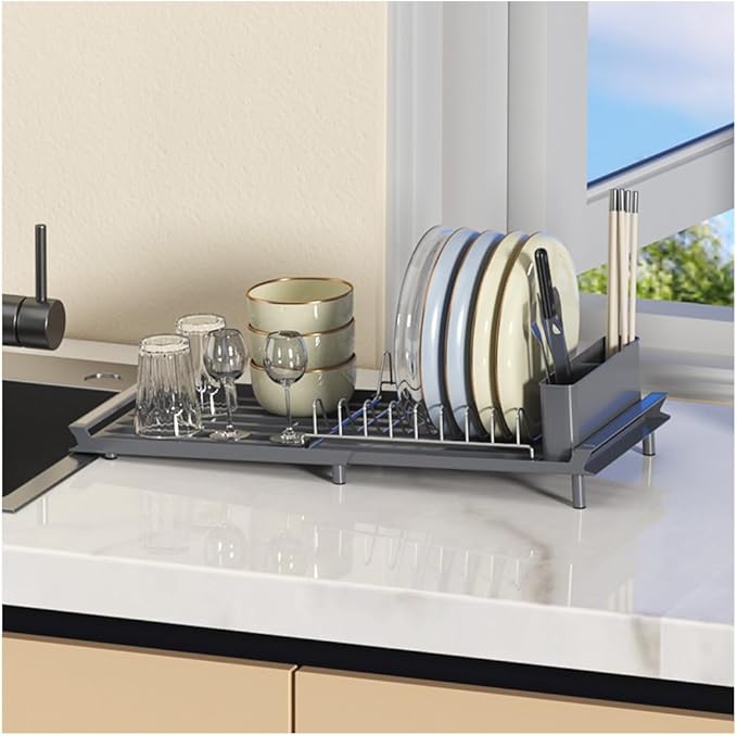 YOJIA Stainless Steel Dish Drying Rack, Extendable Dish Drainer Rack, Drainboard, Detachable Cup Shelf, Rustproof Multifunctional Organizer for Kitchen Counter, Cup Holders, Utensil Holder (Grey-Dish)