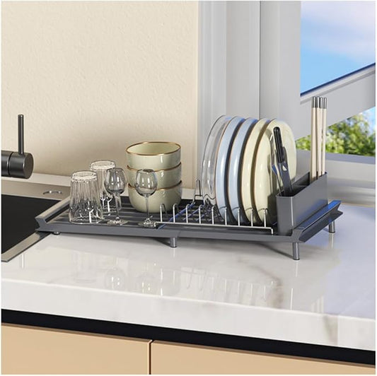 YOJIA Stainless Steel Dish Drying Rack, Extendable Dish Drainer Rack, Drainboard, Detachable Cup Shelf, Rustproof Multifunctional Organizer for Kitchen Counter, Cup Holders, Utensil Holder (Grey-Dish)