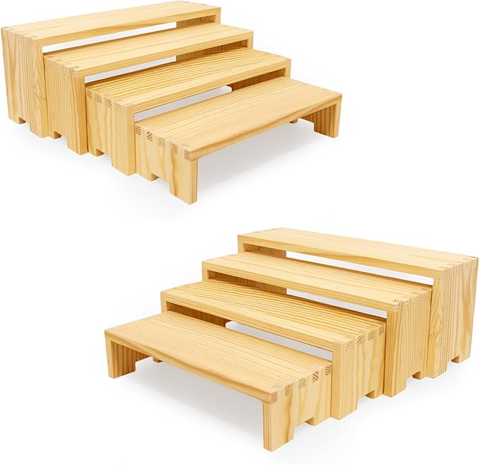 2 Set 8Pcs Large Display Riser Wood Risers Wooden Cupcake Display Stand 4Tiered Racks Perfume Display Dessert Food Stands for Vendors Event Party