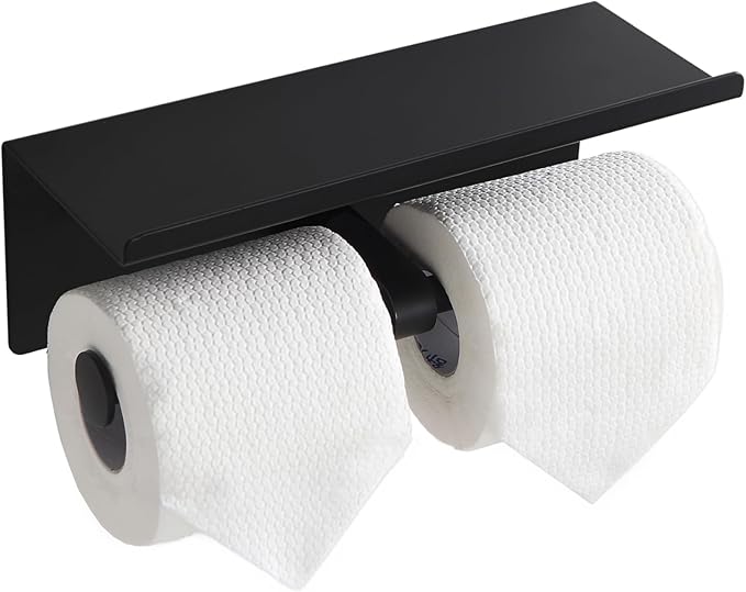 Black Toilet Paper Roll Holder with Shelf Wall Mounted for Bathroom (Black, Double Head)