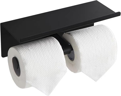 Black Toilet Paper Roll Holder with Shelf Wall Mounted for Bathroom (Black, Double Head)