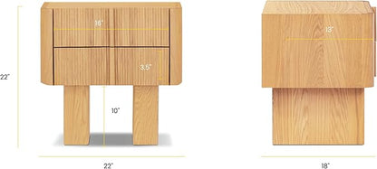 Poly & Bark Toledo 22” Nightstand – Solid and Veneered American White Oak Construction with Ribbed Drawer Fronts and Soft‑Close Drawers – Textural Modern Bedside Table for Stylish Bedrooms