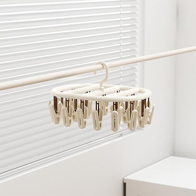 Beige Socks Drying Rack, Foldable Multifunctional Clothes Hanger with 12 or 20 Clips, Plastic, Space-Saving for Socks, Underwear, Gloves, Towels, Rotatable Hook for Easy Hanging (20 Clips)