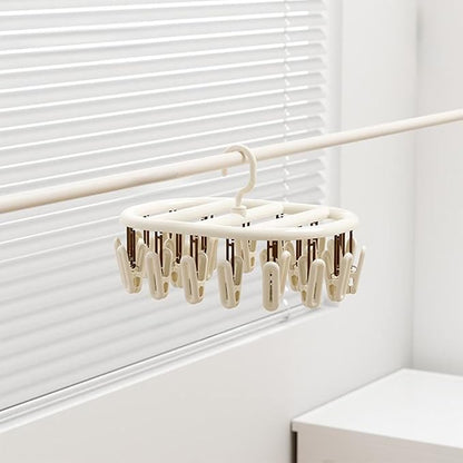Beige Socks Drying Rack, Foldable Multifunctional Clothes Hanger with 12 or 20 Clips, Plastic, Space-Saving for Socks, Underwear, Gloves, Towels, Rotatable Hook for Easy Hanging (20 Clips)