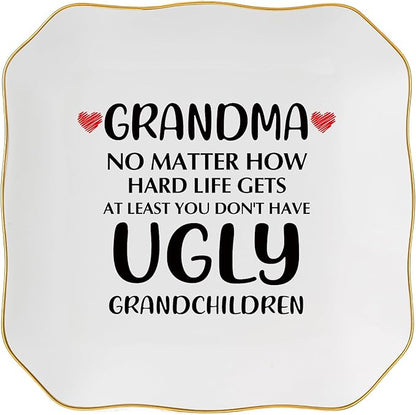 Jelershy Grandma Gifts Jewelry Dish Ring Tray, Grandmother Birthday Gifts for Grandma Christmas Valentines Mother's Day Gift from Grandkids-No Matter How Hard Life...You Don't Have Ugly Grandchildren