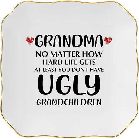 Jelershy Grandma Gifts Jewelry Dish Ring Tray, Grandmother Birthday Gifts for Grandma Christmas Valentines Mother's Day Gift from Grandkids-No Matter How Hard Life...You Don't Have Ugly Grandchildren
