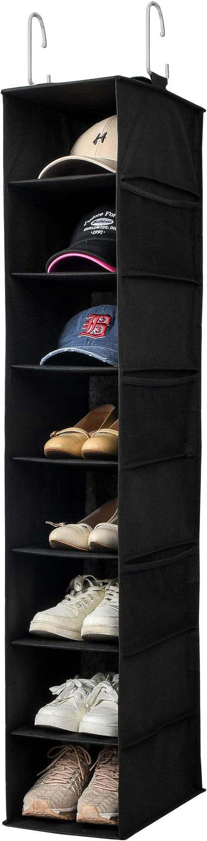 Hanging Shoe Organizer for Closet with Side Mesh Pockets，Hat Racks for Baseball Caps，Shoe and Hat Holder & Storage，8-Shelf，Black，1 Pack