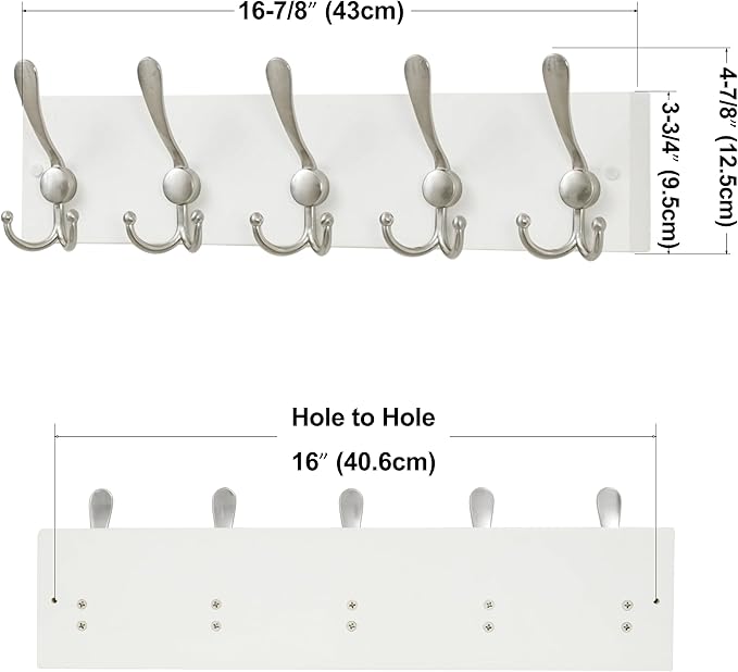 SKOLOO Creations White Solid Wood Wall Mounted Coat Rack, 5 Hooks, 16-7/8" Long - Kitchen, Mudroom, Entryway, Bathroom - Includes Mounting Hardware, Wall Coat Hanger, Towel Rack, Pack of 2