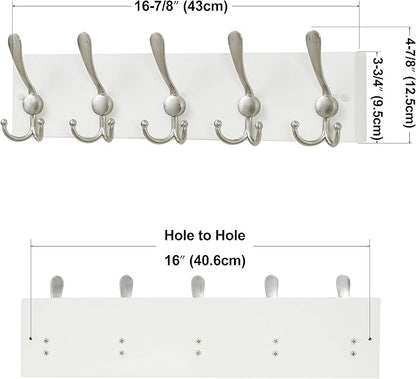 SKOLOO Creations White Solid Wood Wall Mounted Coat Rack, 5 Hooks, 16-7/8" Long - Kitchen, Mudroom, Entryway, Bathroom - Includes Mounting Hardware, Wall Coat Hanger, Towel Rack, Pack of 2
