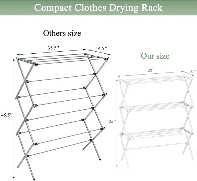 Foldable Drying Rack Clothing, 3-Tier Clothes Drying Rack Use for Indoor & Outdoor Antirust Laundry Drying Rack Collapsible 28" L x 35" H x 10" W