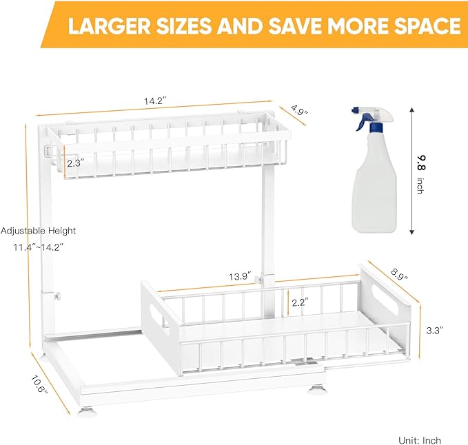 Under Sink Organizer Storage 2-Tier Premium Metal Pull-Out Racks, Height Adjustable, Heavy Dut and Easy Installation for Kitchen & Bathroom Organizers 2 Pack