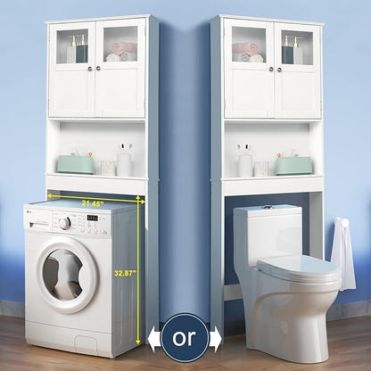 Bonnlo Over The Toilet Storage Cabinet with Adjustable Shelf White Bathroom Floor Organizer Space Saver with Double Doors, 67" Height