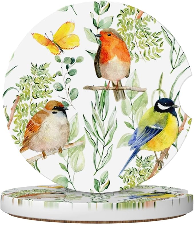Bird Floral Flower Car Cup Holder Coaster 2 Pack Absorbent Ceramic Car Coasters for Cup Holders Car Accessories Interior for Women Men Universal Anti Slip Cork Base Cup Coasters with Finger Notch