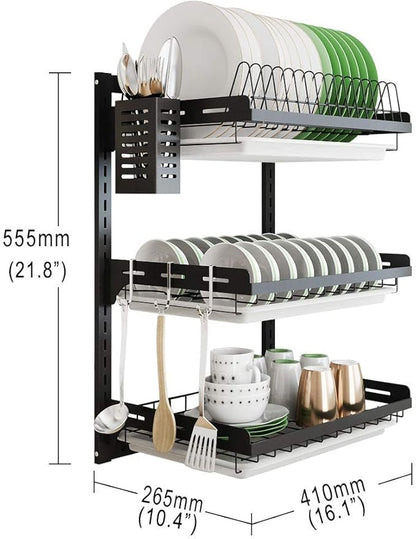 junyuan Hanging Dish Drying Rack Wall Mount,Dish Racks Drainer,3 Tier Kitchen Plate Organizer Storage Shelf with Drain Tray with 3 Hooks,Stainless Steel Black Large Ajustable Height