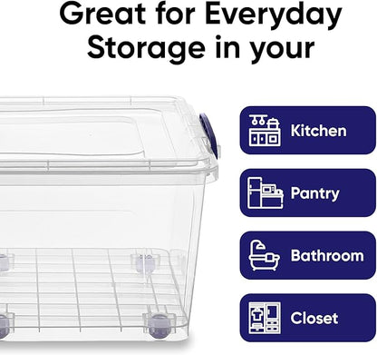 Superio Storage Bins with Lids- Clear Boxes for Organizing, Stackable Plastic Containers- BPA Free, Non-Toxic, Odor Free, Organizer for Home, Office, Dorm (6 Pack, 32 Qt (Wheeled))