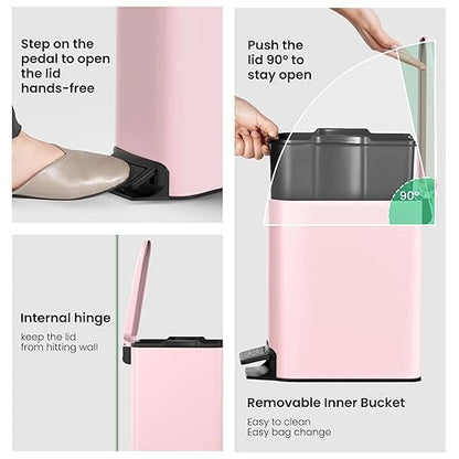 Cesun Small Bathroom Trash Can with Lid Soft Close, Step Pedal, 6 Liter / 1.6 Gallon Stainless Steel Garbage Can with Removable Inner Bucket, Anti-Fingerprint Finish (Pink)