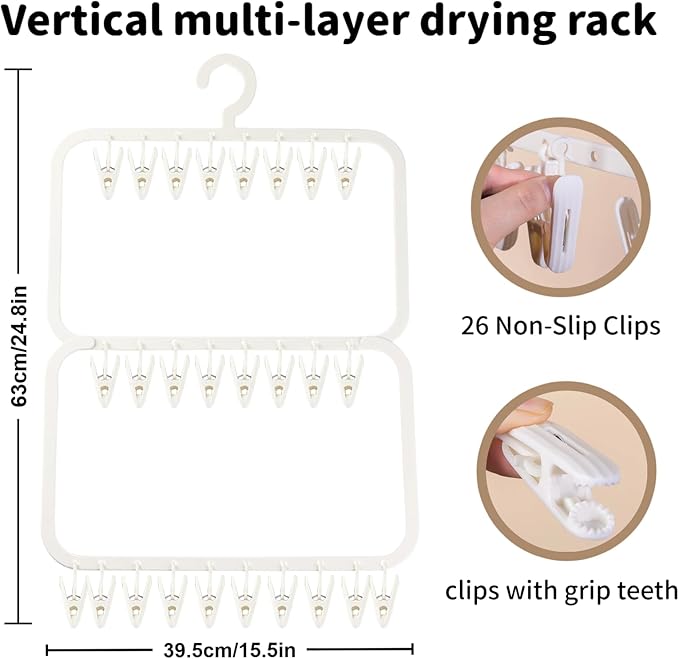 Multi-Layer Clothes Drying Rack with 26 Non-Slip Clips, BPA-Free Portable Hanging Laundry Rack for Baby Clothes, Socks and Underwear, Space-Saving Drip Hanger for Apartment（Off-White）