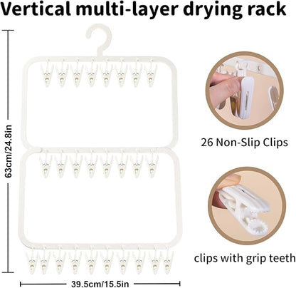 Multi-Layer Clothes Drying Rack with 26 Non-Slip Clips, BPA-Free Portable Hanging Laundry Rack for Baby Clothes, Socks and Underwear, Space-Saving Drip Hanger for Apartment（Off-White）