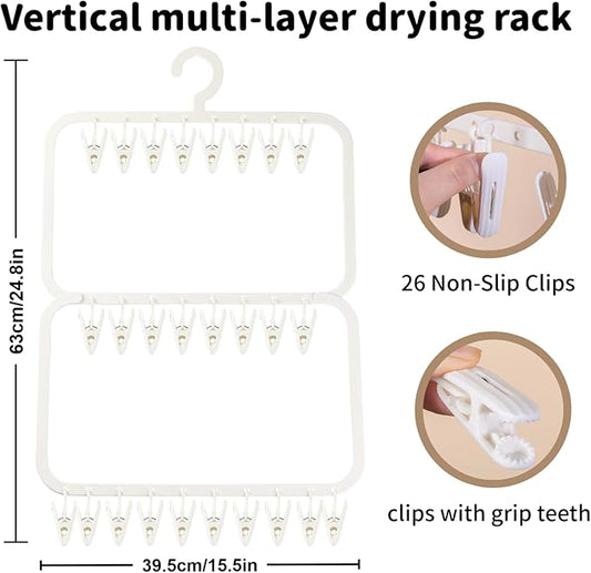 Multi-Layer Clothes Drying Rack with 26 Non-Slip Clips, BPA-Free Portable Hanging Laundry Rack for Baby Clothes, Socks and Underwear, Space-Saving Drip Hanger for Apartment（Off-White）