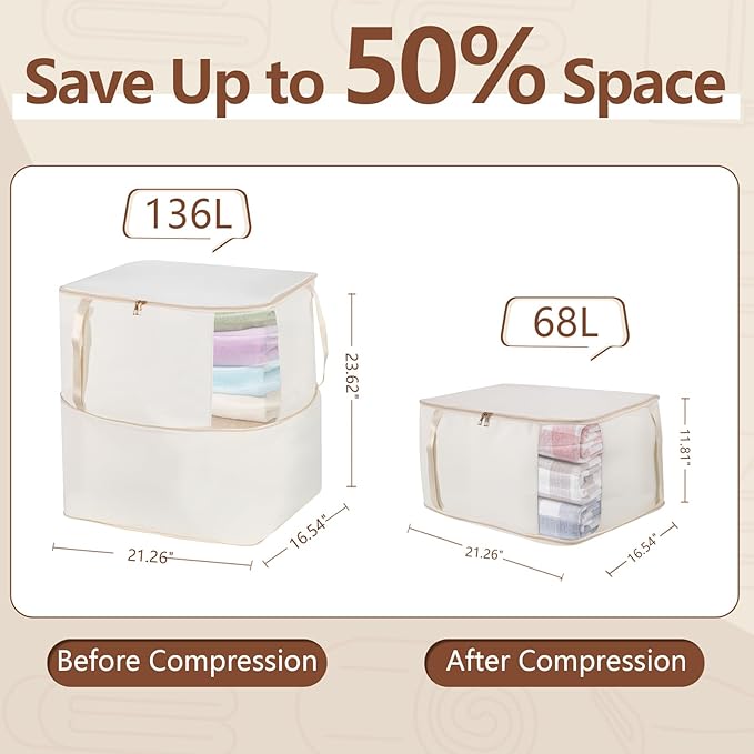Compression Storage Bags for Down Comforters, Foldable Reusable Organizer for Down Coats, Clothes, Bedding, Blanket, Self Compression Packing Cubes Space Saver Bags with Dual Zipper, 2 Pack 136L Beige