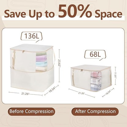 Compression Storage Bags for Down Comforters, Foldable Reusable Organizer for Down Coats, Clothes, Bedding, Blanket, Self Compression Packing Cubes Space Saver Bags with Dual Zipper, 2 Pack 136L Beige