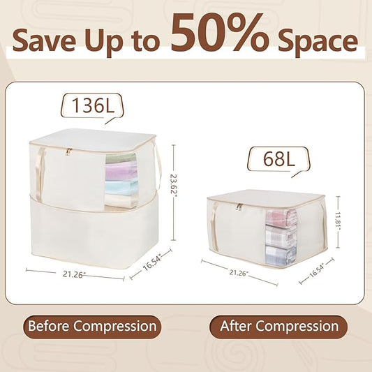 Comforter Storage Bag, Large Capacity Blanket Storage Bags with Visual Window, Ultra Space Saving Self Compression Organizer, Washable Compression Bag for Duvet, Down Jacket, Pillow, 2-Pack 136L Beige