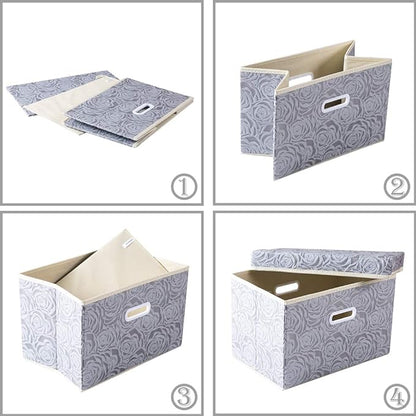 PRANDOM Larger Collapsible Storage Box with Lid [1-Pack] Fabric Decorative Storage Bin Cube Organizer Container Basket with Cover Handles for Bedroom Closet Living Room Gray 17.7x11.8x11.8 Inch
