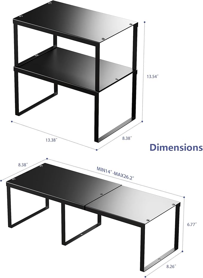HHVACUUN Cabinet Organizer Shelf, Set of 2 Cabinet Shelves, Stackable Metal Kitchen Counter Organizer, Adjustable Countertop Cupboard Pantry Shelf Riser Storage Rack, Black