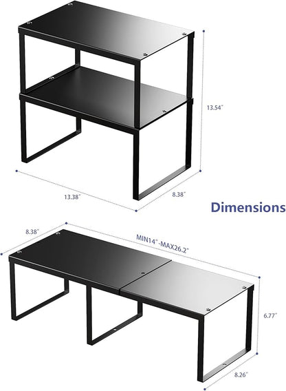 HHVACUUN Cabinet Organizer Shelf, Set of 2 Cabinet Shelves, Stackable Metal Kitchen Counter Organizer, Adjustable Countertop Cupboard Pantry Shelf Riser Storage Rack, Black