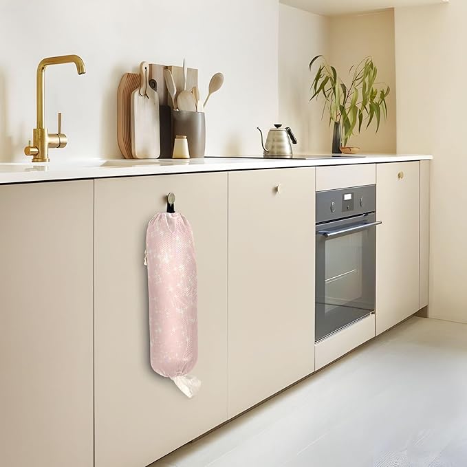 2 PCS Plastic Bag Holder Wall Mount Grocery Bag Holder Shopping Bag Trash Bag Storage Organizer Dispenser for Kitchen Closet 22 x 9 Inch Shimmer Pink
