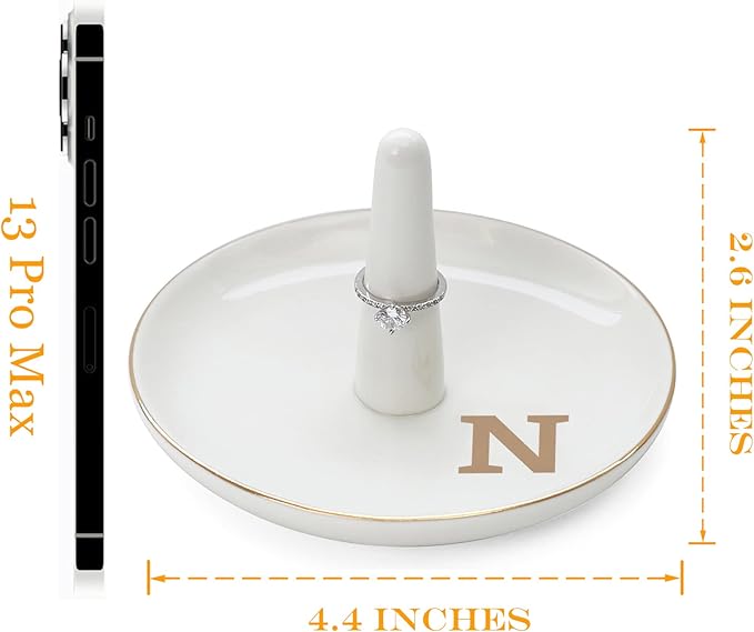 HOME SMILE Initials Ring Holder Jewery Tray with personalized N-Monogrammed Engagement Gifts for Friends,Birthday Mother's Day Christmas Gifts for Women,Ceramic White