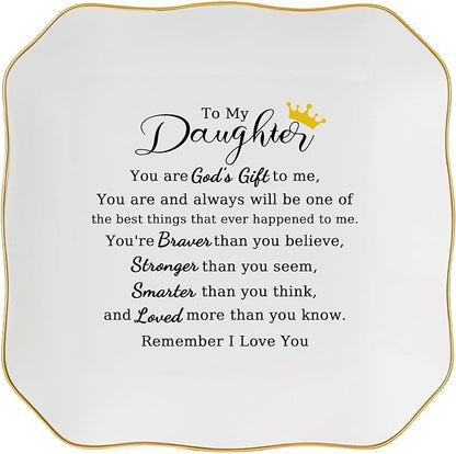 Jelershy Daughter Gifts Ring Jewelry Dish Tray - Christmas Valentines Mother's Day Wedding Birthday Gifts for Daughter from Mom - You Are God's Gift to Me... You're Brever Stronger Smarter Loved