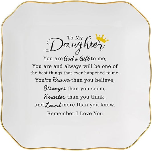 Jelershy Daughter Gifts Ring Jewelry Dish Tray - Christmas Valentines Mother's Day Wedding Birthday Gifts for Daughter from Mom - You Are God's Gift to Me... You're Brever Stronger Smarter Loved
