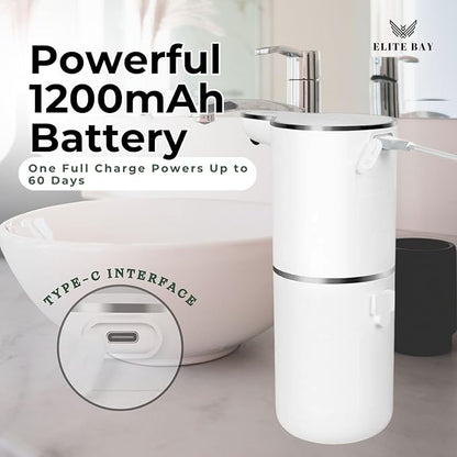 ELITE BAY Auto Foam Soap Dispenser-Touchless Soap Dispensor with Four- Speed Foam Settings | 350ml Capacity | Rechargeable 1200mAh Battery. USB Charging | ABS+PP Material | 1.5W Power White.