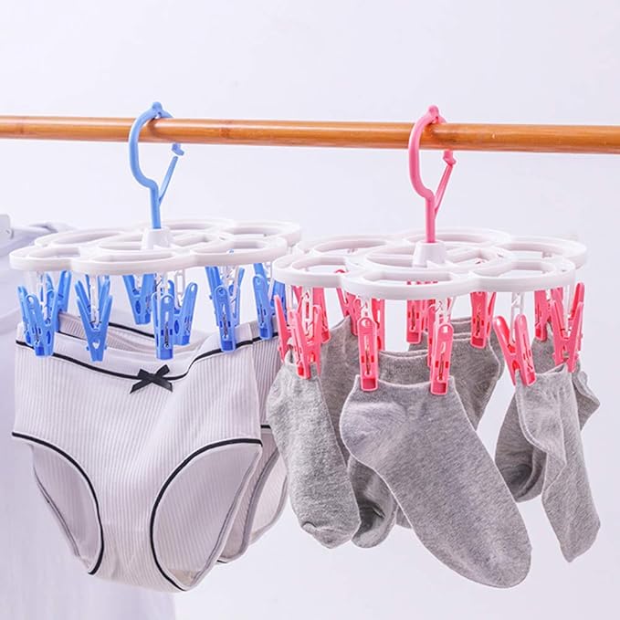 Clothespin Rack Laundry Drying Rack,Clothes Hangers with 16 Clips,Clip Hanger Drip Hanger for Drying Underwear,Baby Clothes,Socks,Bras,Towel,Pants,Hat,Scarf,Cloth Diapers,Gloves (Blue)