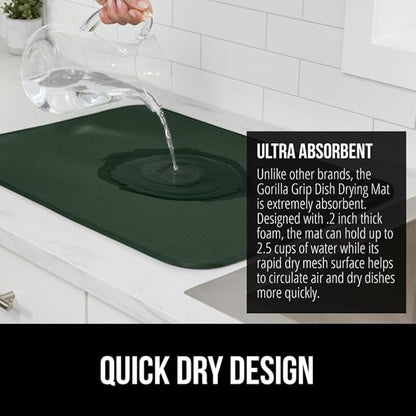 GORILLA GRIP Ultra Water Absorbent Microfiber Dish Drying Mat, 18x32, Quick Dry Thick Mesh, Slip Resistant Pad for Sink Dishes or Under Rack, Kitchen Counter Accessories, Machine Wash, Hunter Green
