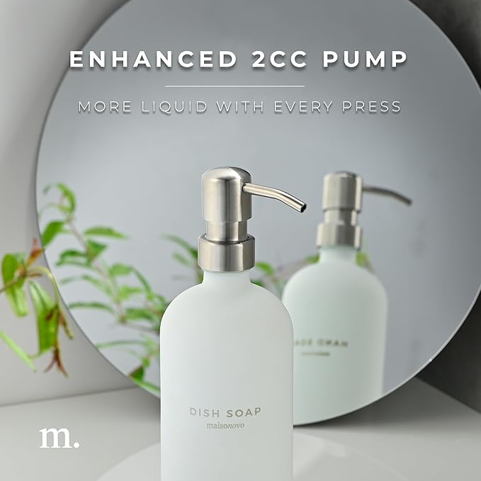 MaisoNovo Soap Dispenser 3-Piece Set | 16.9oz White Bottles Silver Plastic Pumps with Ceramic Tray