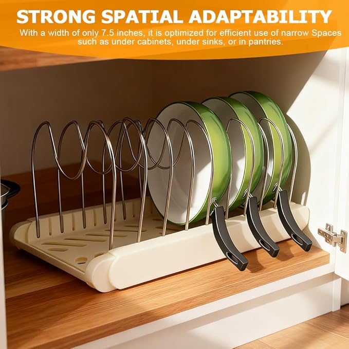 DiQiRenQin Pot and Pan Organizer, Expandable Pan Organizer for Cabinet, Pot Lid Holder with 10 Adjustable Compartments for Kitchen Cabinet Cookware Baking Frying Rack(White)